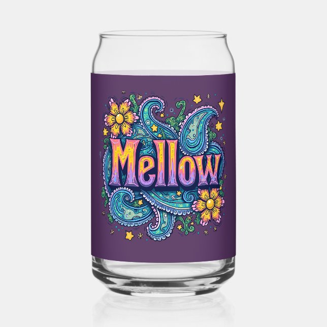 Psychedelic Groovy "Mellow" Retro Hippie Art Can Glass (Front)