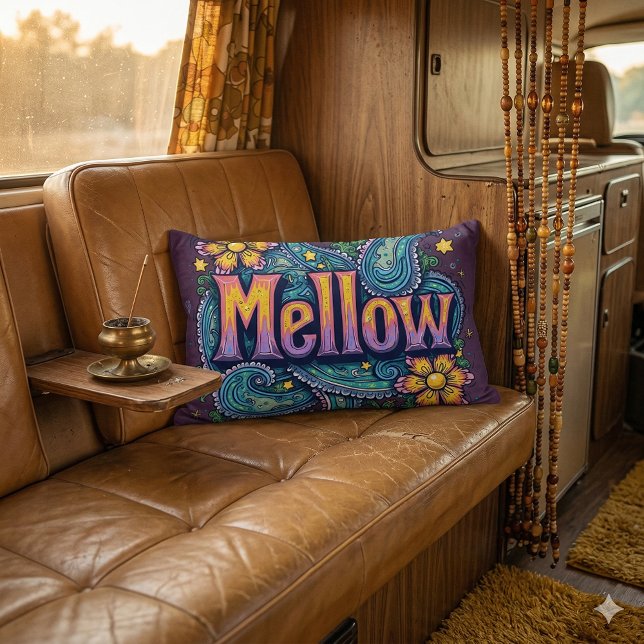 Psychedelic Groovy "Mellow" Retro Hippie Art Lumbar Pillow (Psychedelic Groovy Mellow Retro Hippie Art Lumbar Pillow Mockup D)