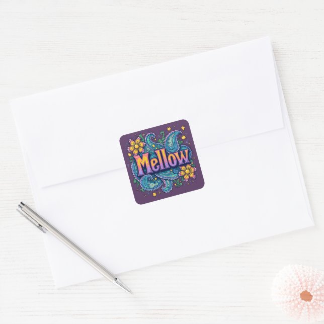 Psychedelic Groovy "Mellow" Retro Hippie Art Square Sticker (Envelope)