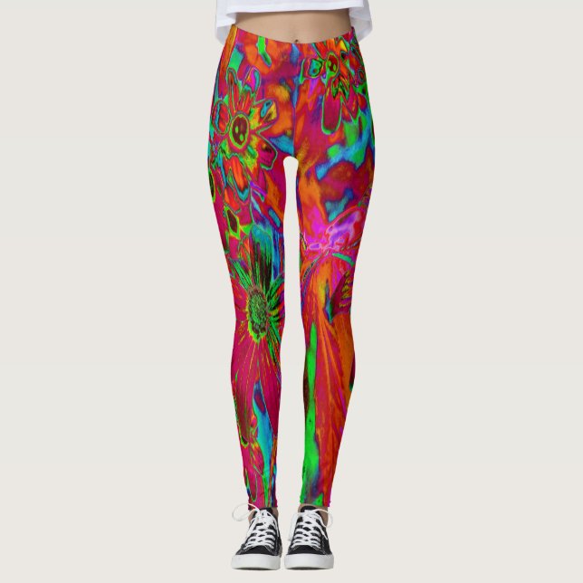 Psychedelic Groovy Red and Green Wildflowers Leggings (Front)