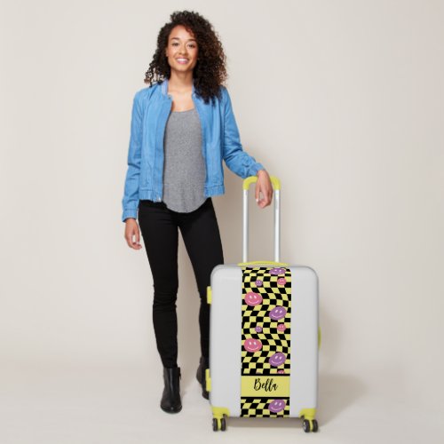 Psychedelic Groovy Smile Checkerboard Y2K 90s Luggage