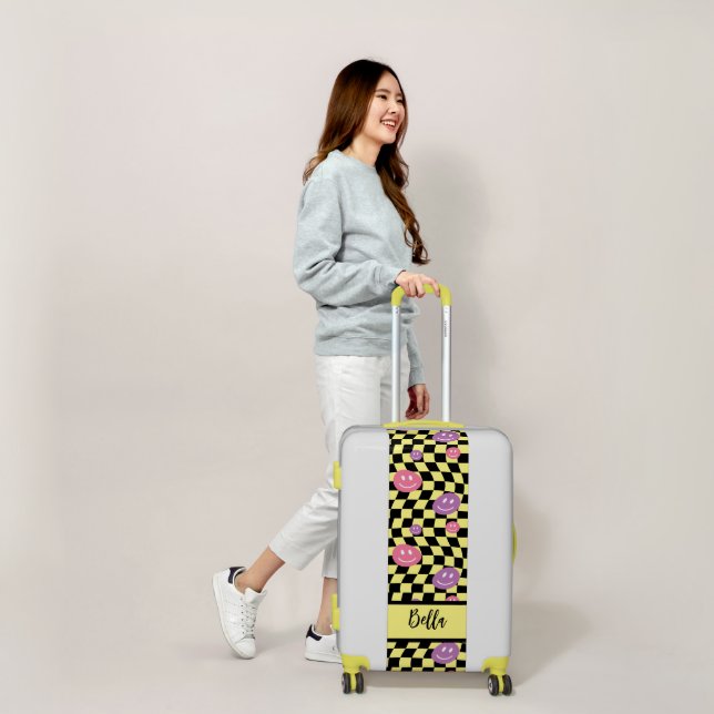Psychedelic Groovy Smile Checkerboard, Y2K 90s Luggage (Scale)