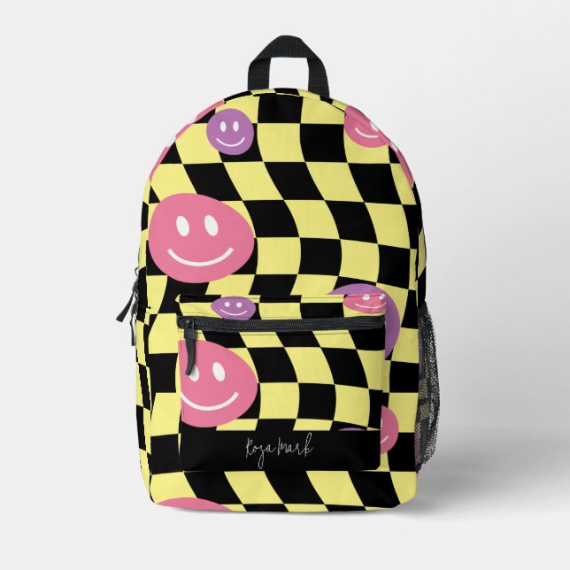 Psychedelic Groovy Smiley Checkerboard, Y2K 90s Printed Backpack (Front)