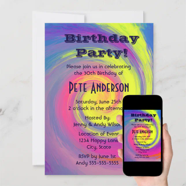 Psychedelic Groovy Swirls Birthday Party Invitation | Zazzle