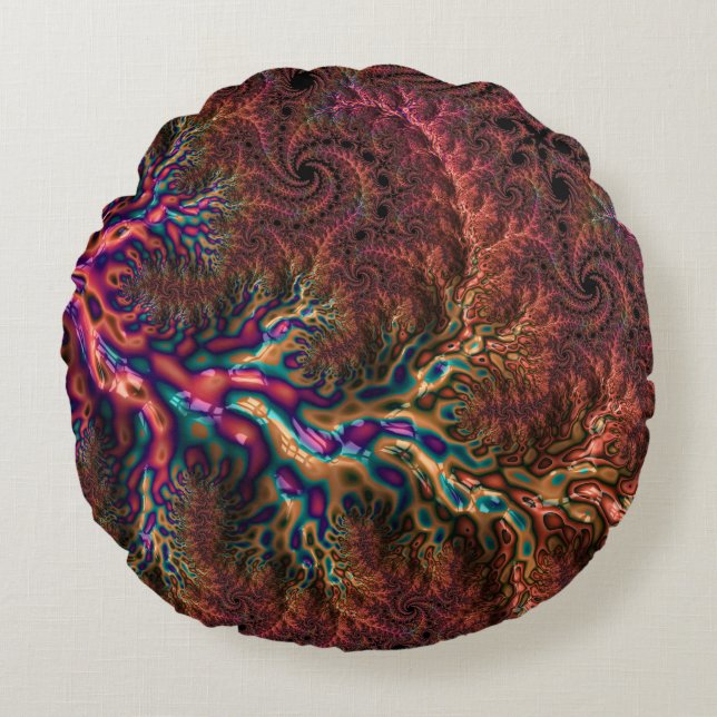 Psychedelic Groovy Trippy Funky Colorful Fractal Round Pillow (Front)