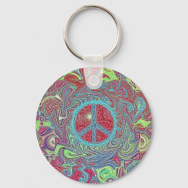 Psychedelic Groovy Trippy Peace Sign Keychain (Front)