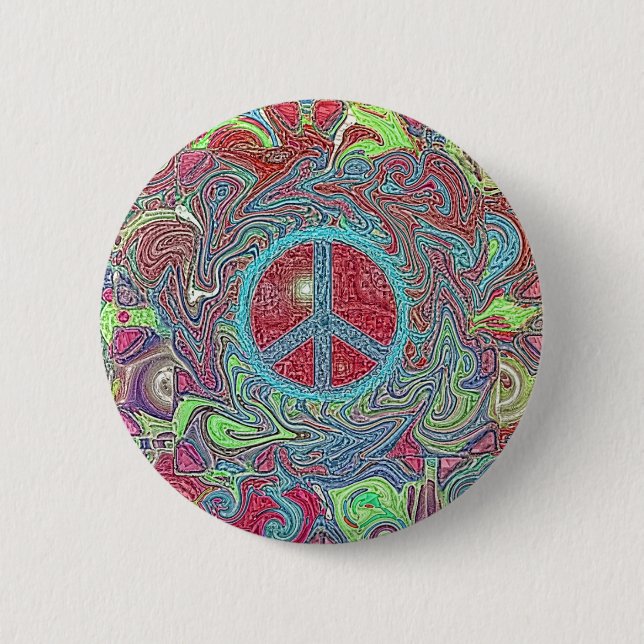 Psychedelic Groovy Trippy Peace Sign Pinback Button (Front)