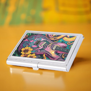 Psychedelic Guitar Trippy Pink Yellow Flower Retro Business Card Case