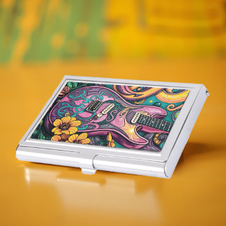 Psychedelic Guitar Trippy Pink Yellow Flower Retro Business Card Case