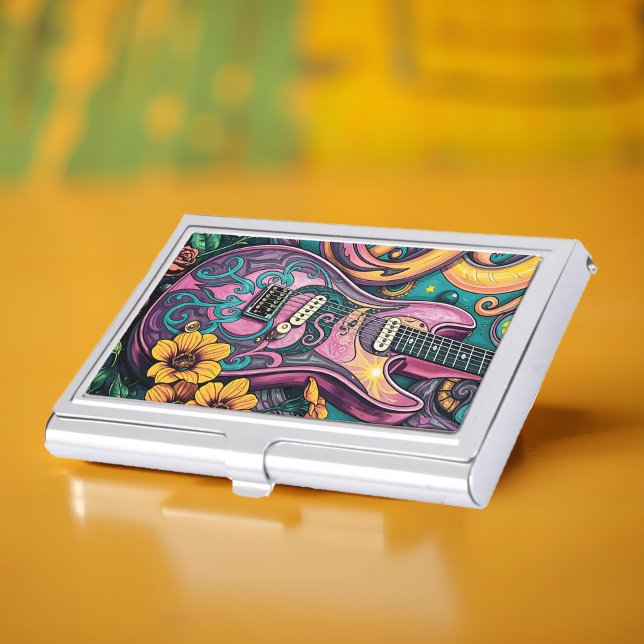 Psychedelic Guitar Trippy Pink Yellow Flower Retro Business Card Case (Psychedelic pink guitar card case with bold ’60s flair for standout networking.)