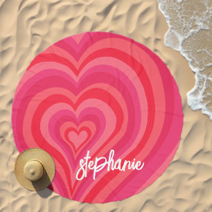 Psychedelic Hearts Calligraphy Script Name Pinks Beach Towel