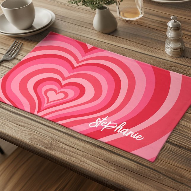 Psychedelic Hearts Calligraphy Script Name Pinks Cloth Placemat (Personalized Cloth Placemat)