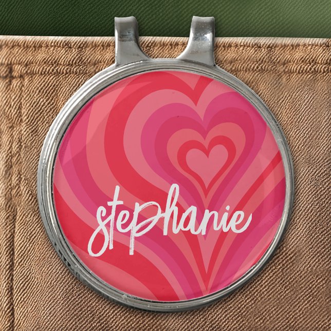 Psychedelic Hearts Calligraphy Script Name Pinks Golf Hat Clip (Custom Golf Hat Clip)