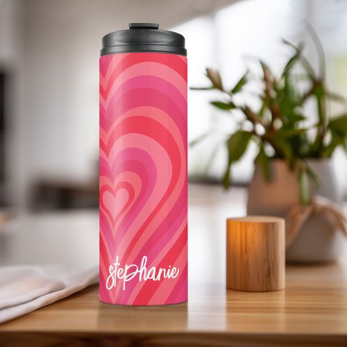 Psychedelic Hearts Calligraphy Script Name Pinks Thermal Tumbler
