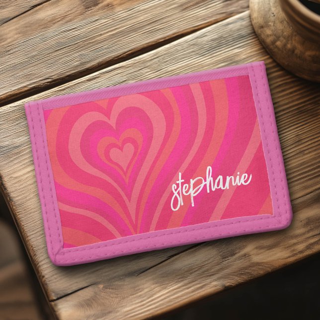 Psychedelic Hearts Calligraphy Script Name Pinks Trifold Wallet (Custom Monogram Wallet)