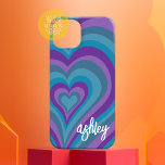 Psychedelic Hearts Calligraphy Script Name Purple  Case-Mate iPhone 14 Case<br><div class="desc">A funky heart pattern with crazy purple and blue colors. The modern script with swashes adds a modern touch to this retro design. Add your name or delete the text for a fun feminine cover.</div>