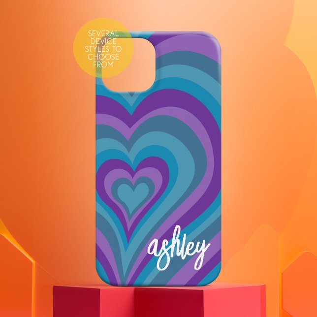 Psychedelic Hearts Calligraphy Script Name Purple  Iphone Case (personalized phone case with funky heart pattern)