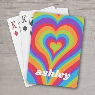 Psychedelic Hearts Calligraphy Script Name Rainbow Playing Cards