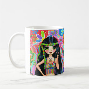 Psychedelic Hippie Chick Peace Sign Cute 1960s Coffee Mug