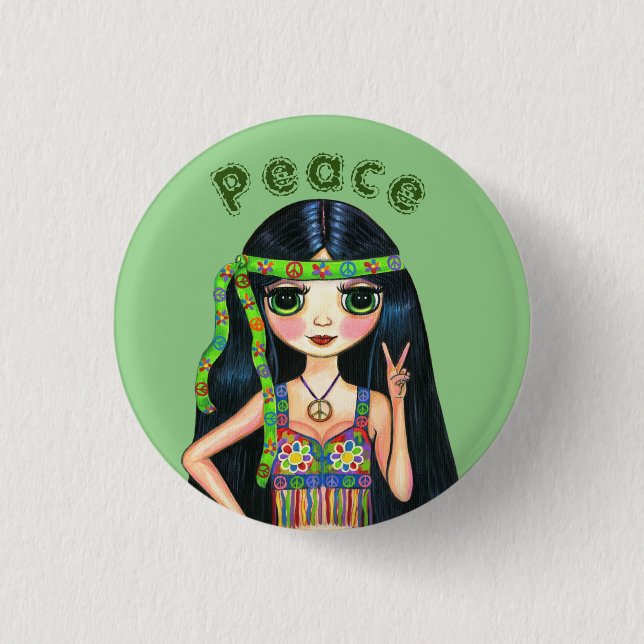 Psychedelic Hippie Chick Peace Sign Headband 1960s Button (Front)