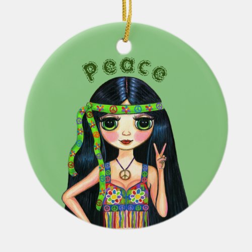 Psychedelic Hippie Chick Peace Sign Headband 1960s Ceramic Ornament