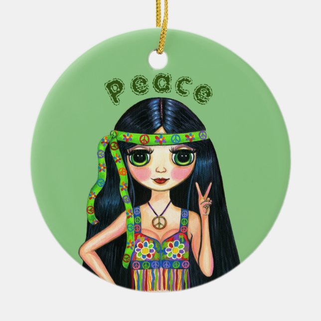 Psychedelic Hippie Chick Peace Sign Headband 1960s Ceramic Ornament (Front)