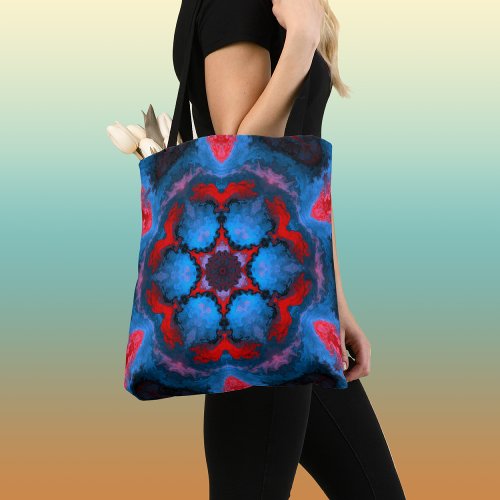 Psychedelic Hippie Flower Blue and Red Tote Bag