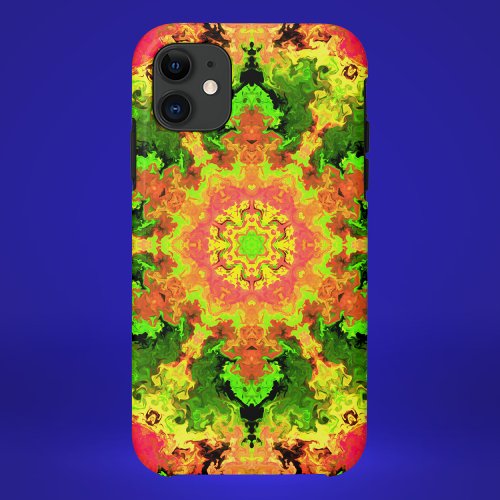 Psychedelic Hippie Flower Green Orange and Red iPhone 11 Case