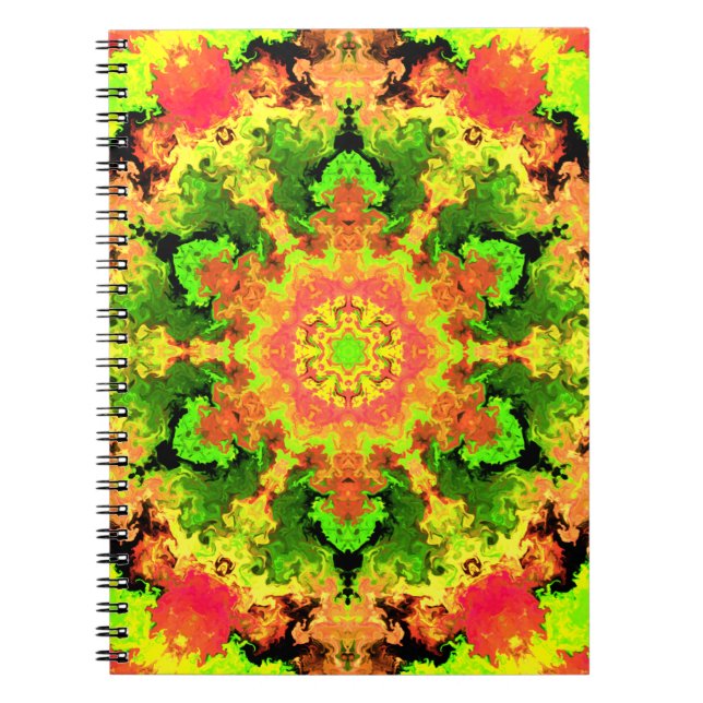 Psychedelic Hippie Flower Green Orange and Red Notebook (Front)
