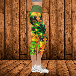 Psychedelic Hippie Flower Green Orange and Yellow Capri Leggings