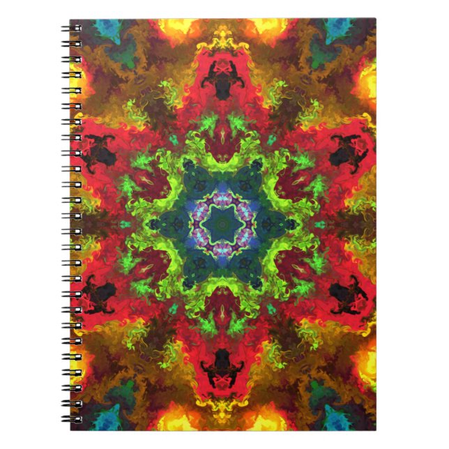 Psychedelic Hippie Flower Green Red and Orange Notebook (Front)