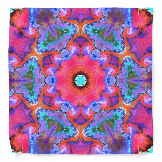 Psychedelic Hippie Flower Pink Blue and Orange Bandana (Front)