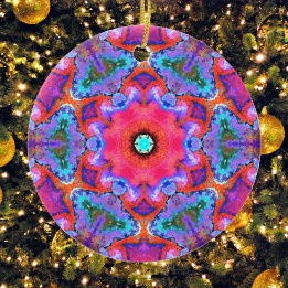Psychedelic Hippie Flower Pink Blue and Orange Ceramic Ornament