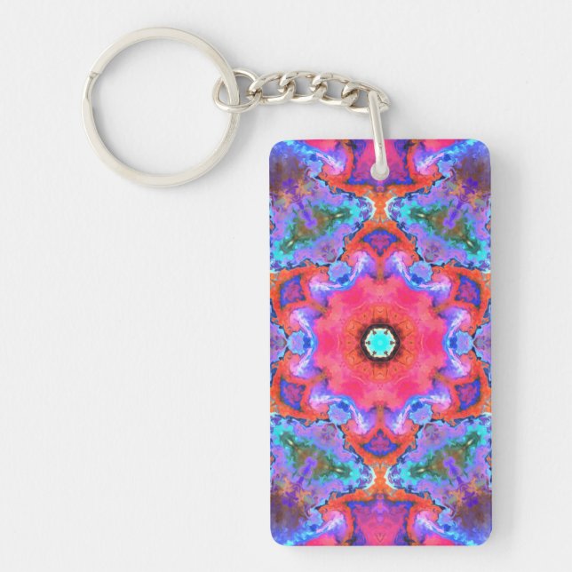 Psychedelic Hippie Flower Pink Blue and Orange Keychain (Front)