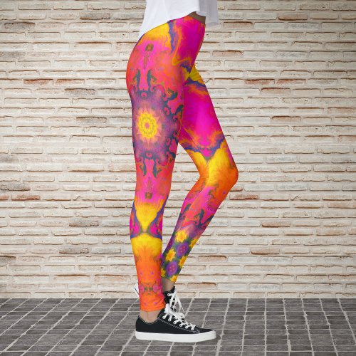 Psychedelic Hippie Flower Pink Purple and Yellow Leggings