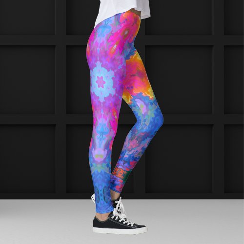Psychedelic Hippie Flower Pink Yellow and Blue Leggings