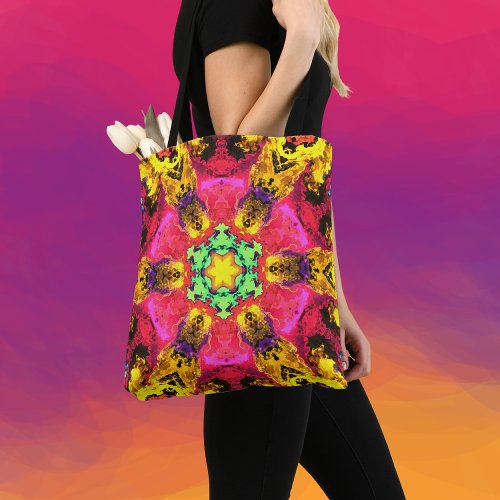 Psychedelic Hippie Flower Pink Yellow and Green Tote Bag