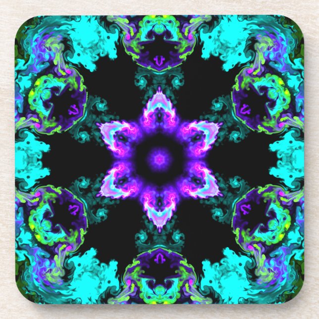 Psychedelic Hippie Flower Purple Teal and Black Beverage Coaster (Front)