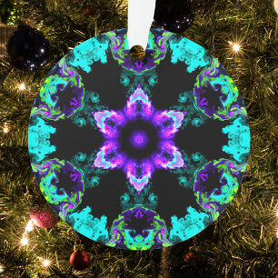Psychedelic Hippie Flower Purple Teal and Black Ornament