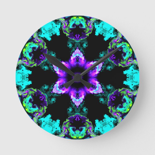 Psychedelic Hippie Flower Purple Teal and Black Round Clock (Front)