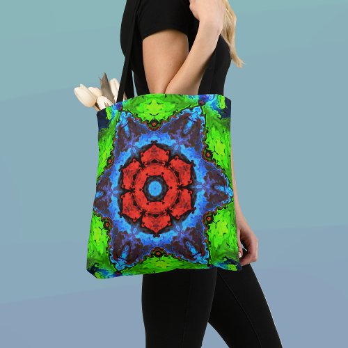 Psychedelic Hippie Flower Red Blue and Green Tote Bag