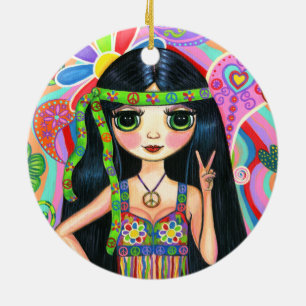 Psychedelic Hippie Girl Headband Peace Sign 1960s Ceramic Ornament