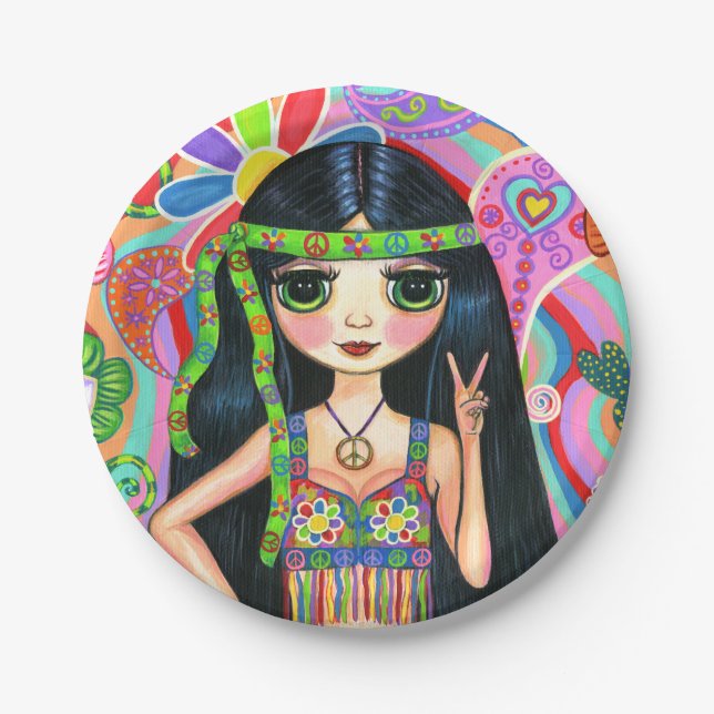 Psychedelic Hippie Girl Headband Peace Sign 1960s Paper Plates (Front)