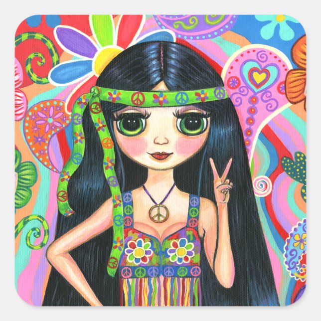 Psychedelic Hippie Girl Headband Peace Sign 1960s Square Sticker (Front)