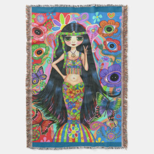 Psychedelic Hippie Girl Mermaid Peace Sign 1960s Throw Blanket
