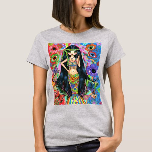 Psychedelic Hippie Girl Mermaid Peace Sign Big Eye T_Shirt