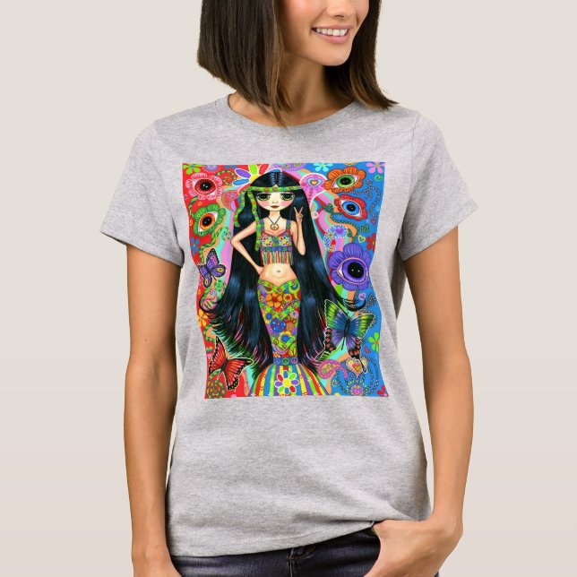 Psychedelic Hippie Girl Mermaid Peace Sign Big Eye T-Shirt (Front)