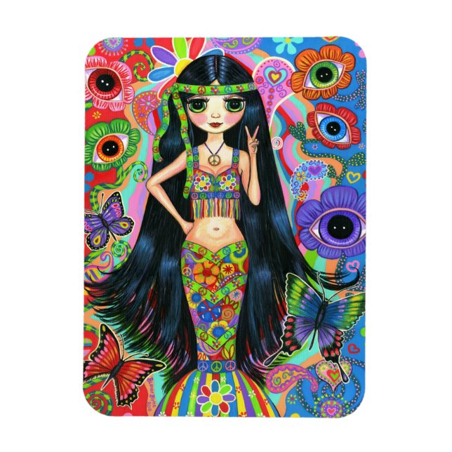 Psychedelic Hippie Girl Mermaid Peace Sign Groovy Magnet (Vertical)