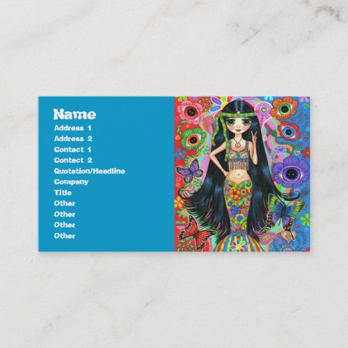 Psychedelic Hippie Girl Mermaid with Butterflies Business Card Template