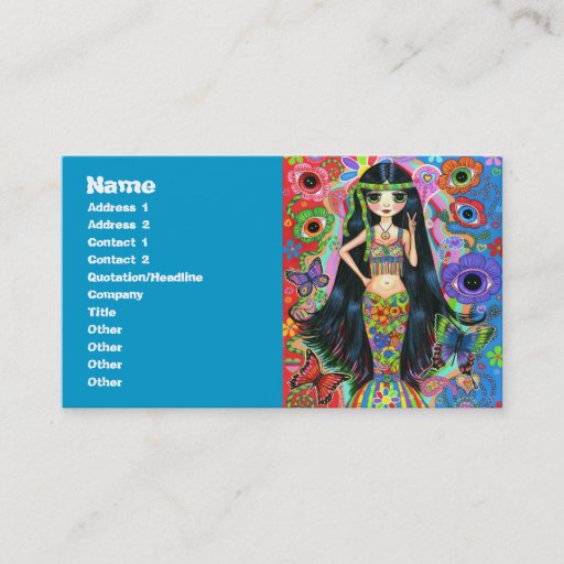Customizable Psychedelic Hippie Girl Mermaid with Butterflies Business Card Template